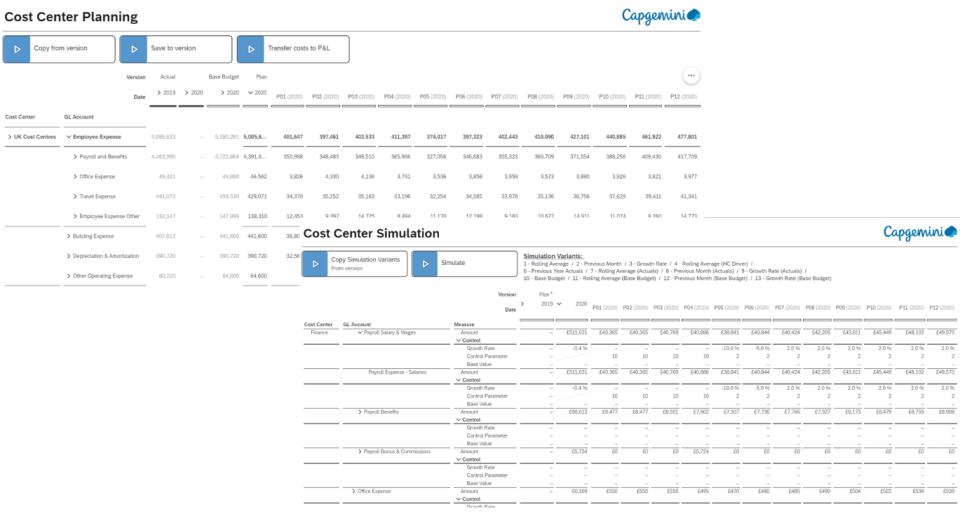 Figure 3: Example of planning layouts for Cost Planning (Image Source: Capgemini)