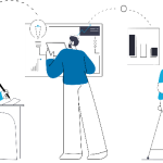 An illustration showcasing an employee in a wheelchair working at a desk, an employee using digital tools, and an employee accessing training programs.